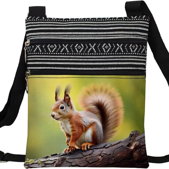 Squirrel Crossbody Bag Ethnic Pattern Small Wallet Phone Case Adjustable Strap - Picture 1 of 7